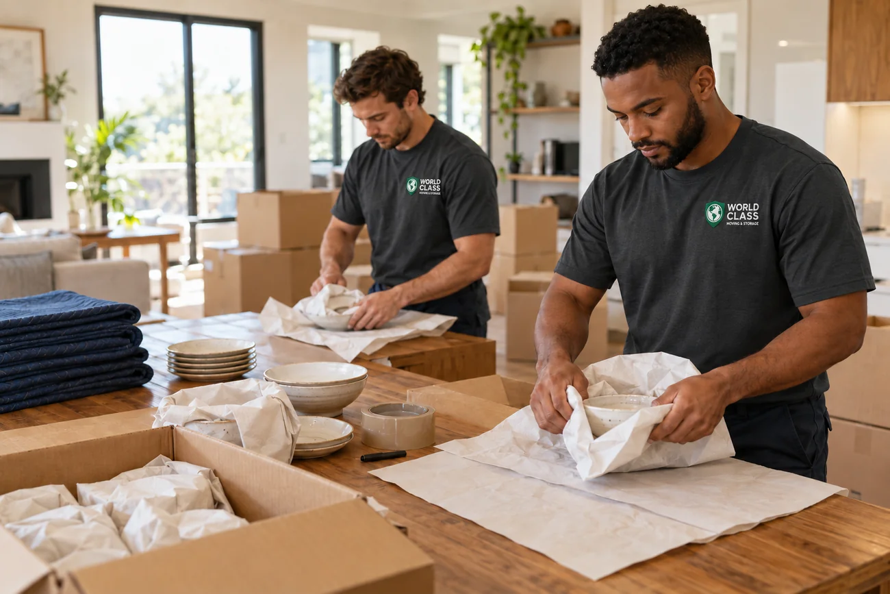 Moving team packing household items