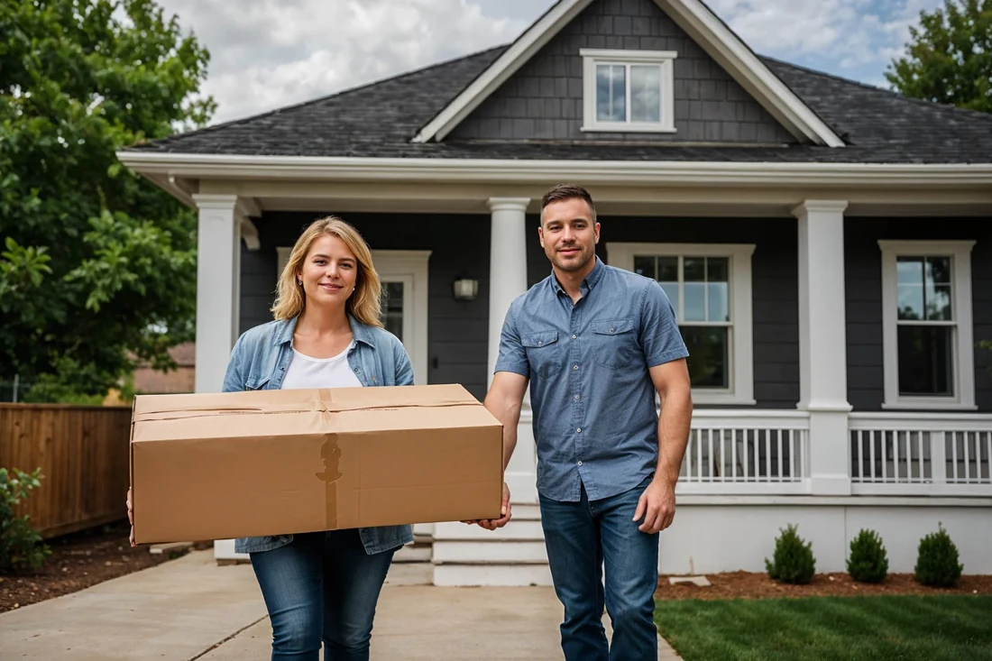 A couple holding a moving box outside a home