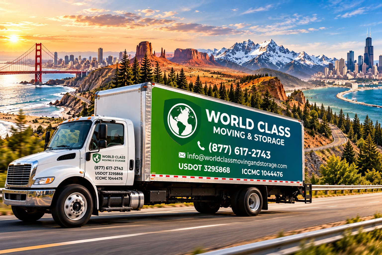 World Class Moving & Storage truck on a scenic coast-to-coast interstate highway