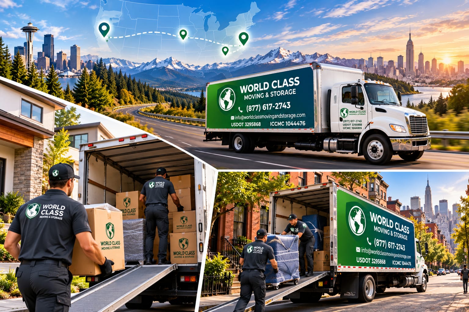 World Class movers loading household items alongside a branded long-distance moving truck
