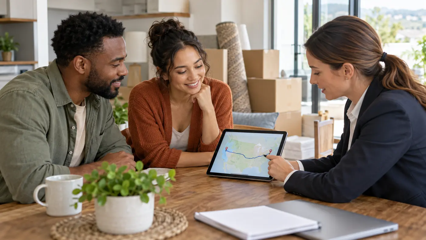 Moving consultant reviewing an interstate route with a couple