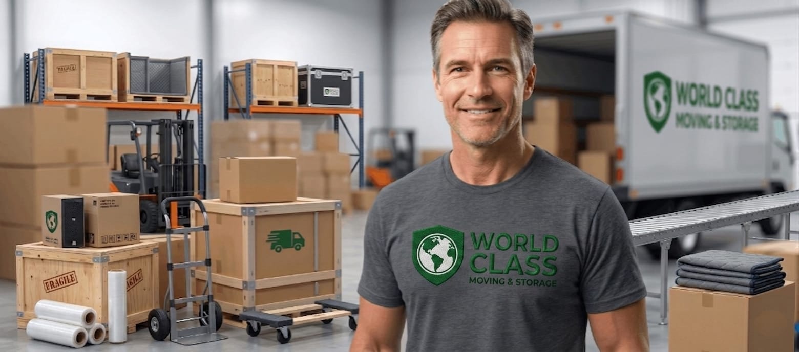 World Class Moving team representative inside a packing and storage facility
