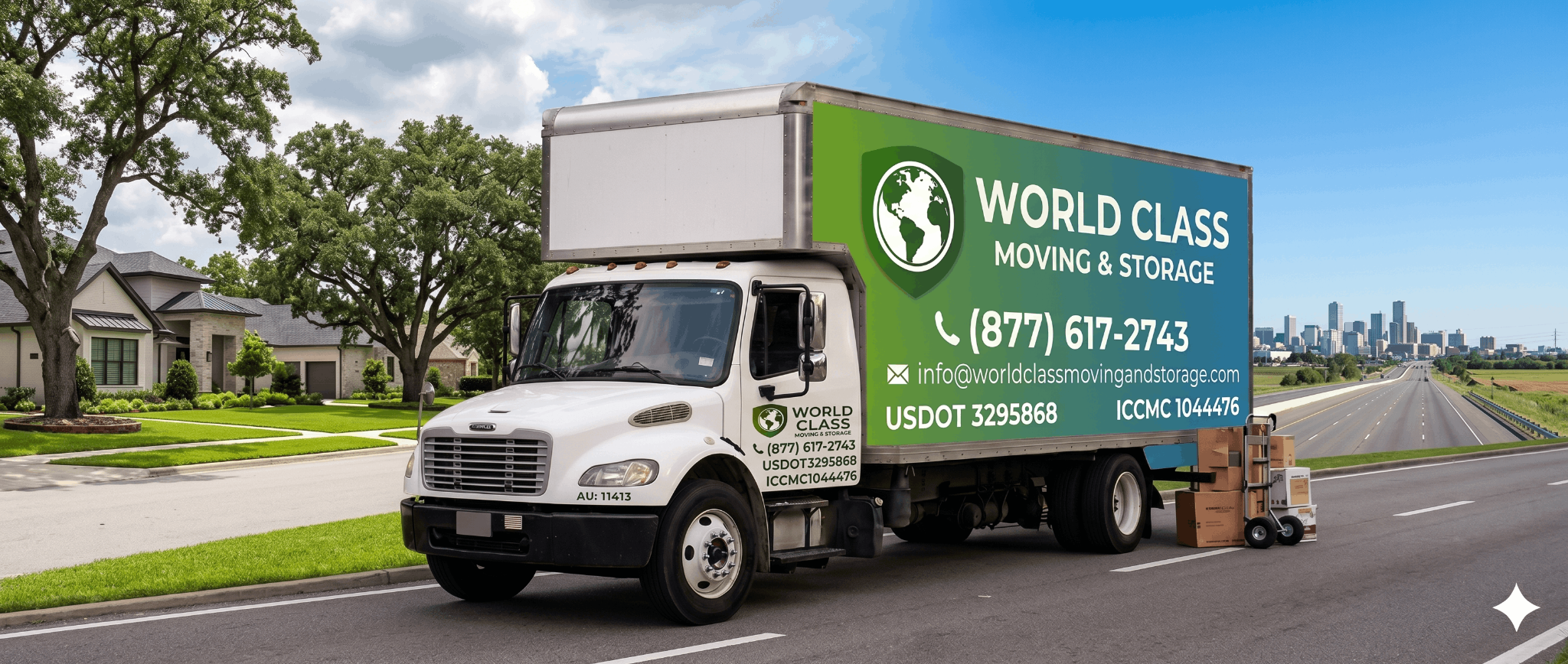 World Class Moving & Storage interstate moving truck on the road, shown in full