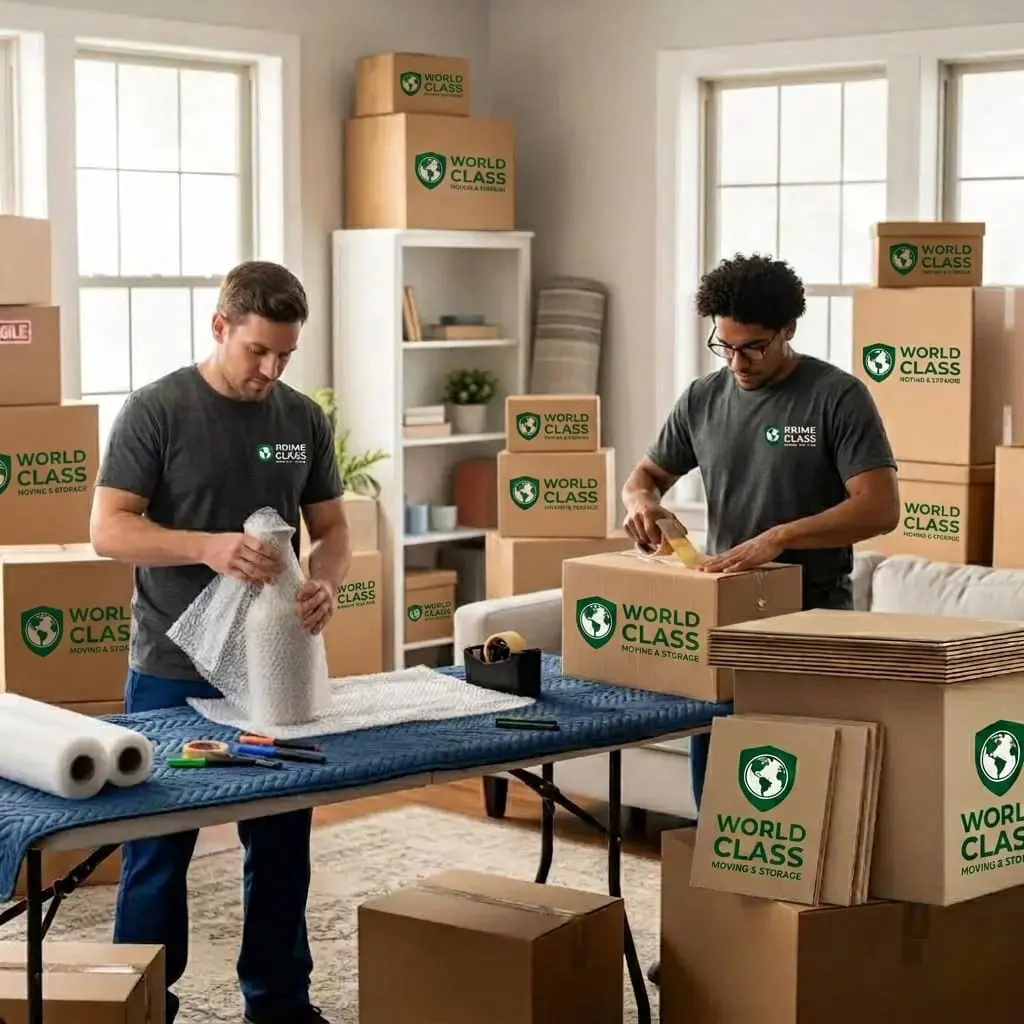 Professional movers packing household items
