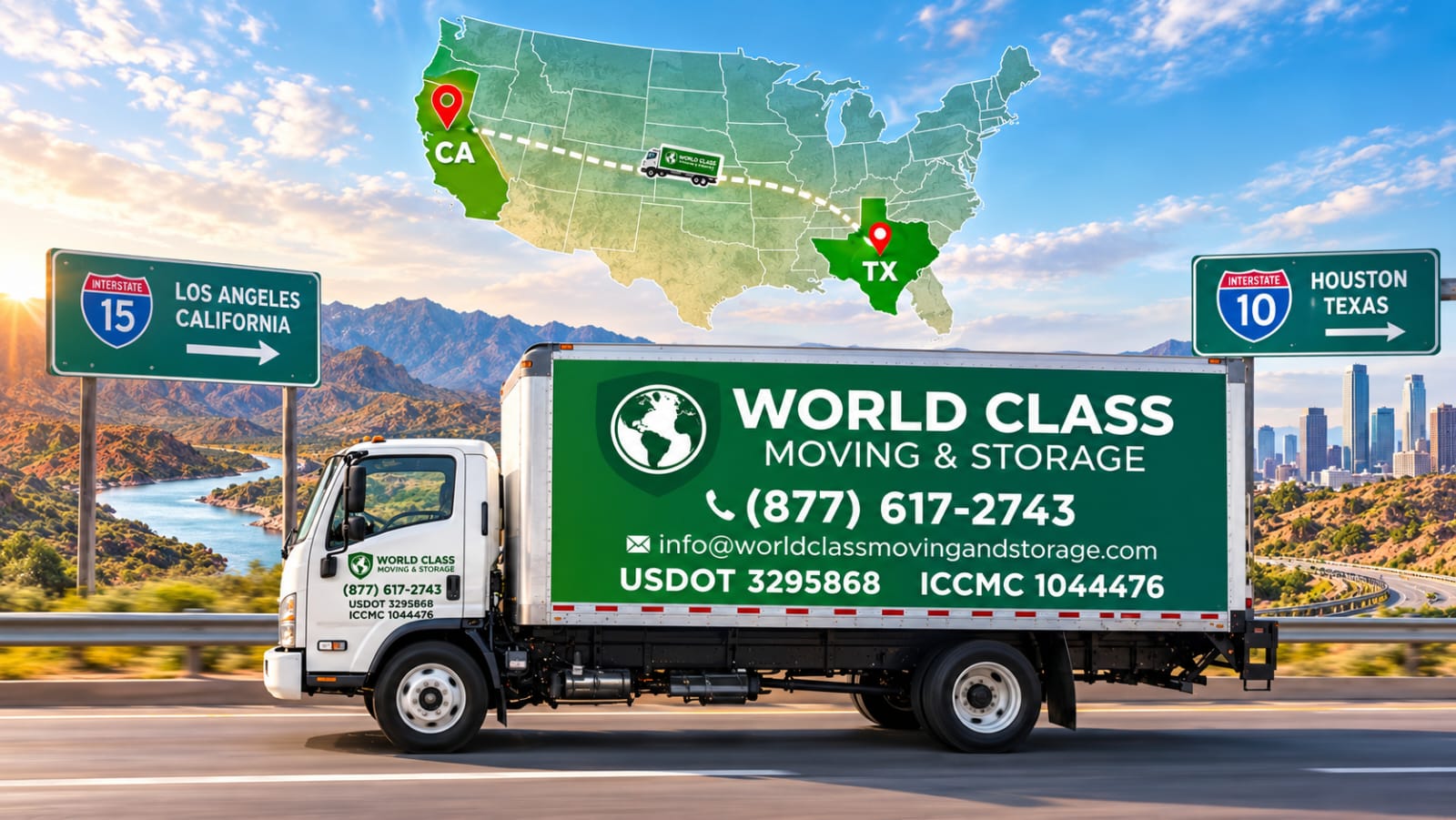World Class moving truck on an interstate journey from California to Texas