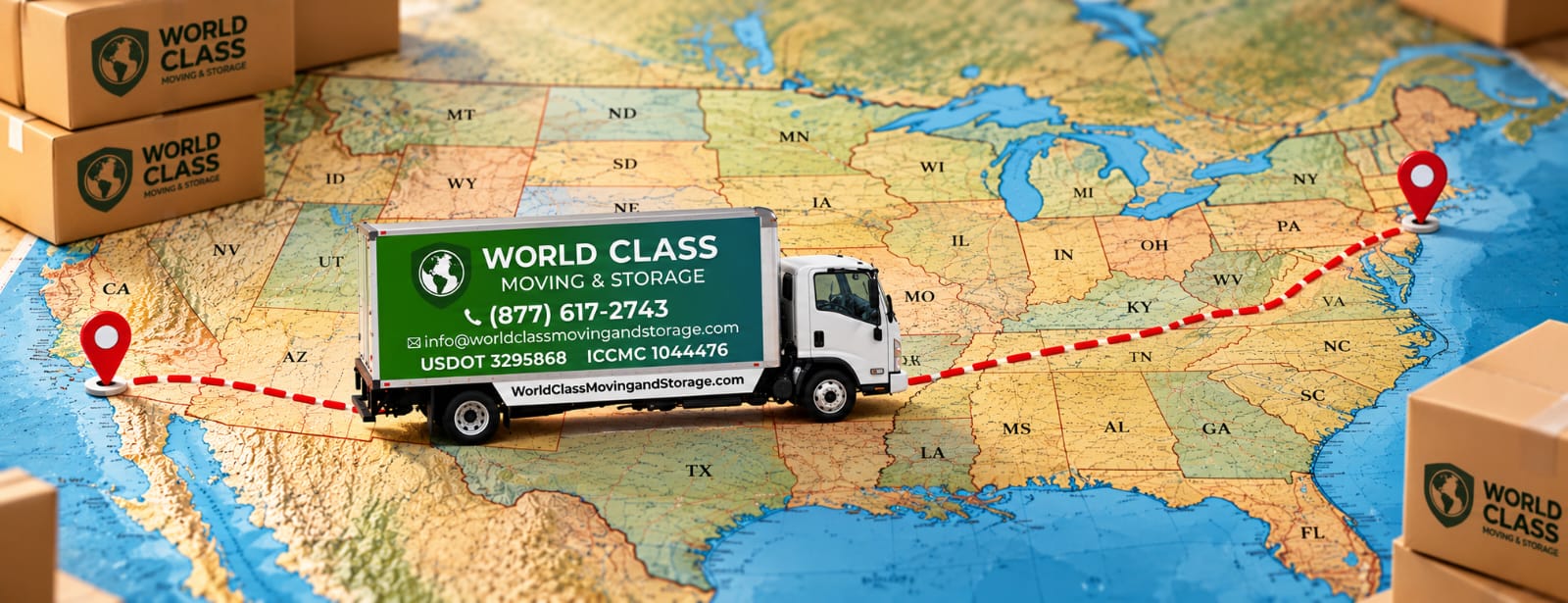 World Class moving truck shown on a map of the United States