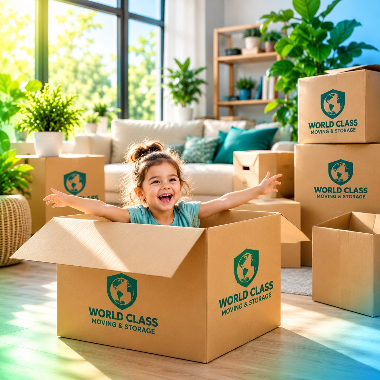 World Class Moving and Storage branded moving boxes in a bright family living room