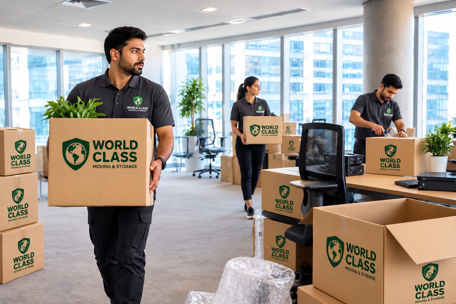 World Class team packing and carrying boxes in an office