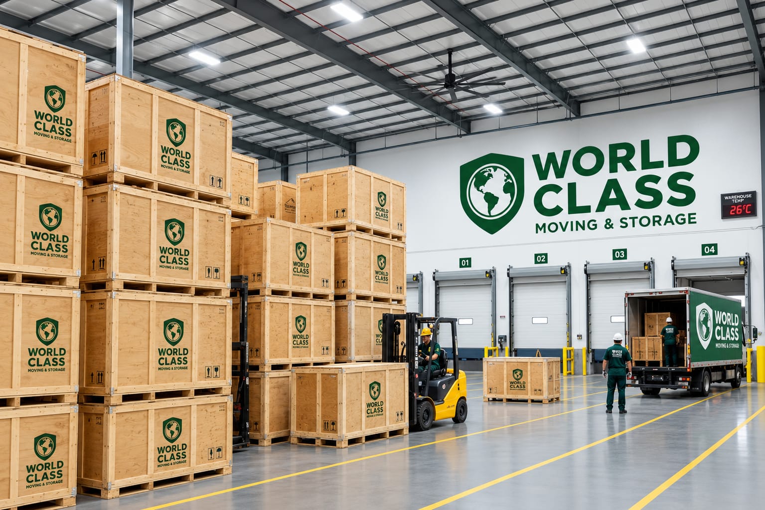 World Class branded storage crates in a warehouse