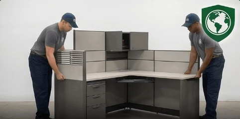 Moving professionals handling an office workstation
