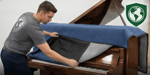 Mover carefully padding a piano for handling