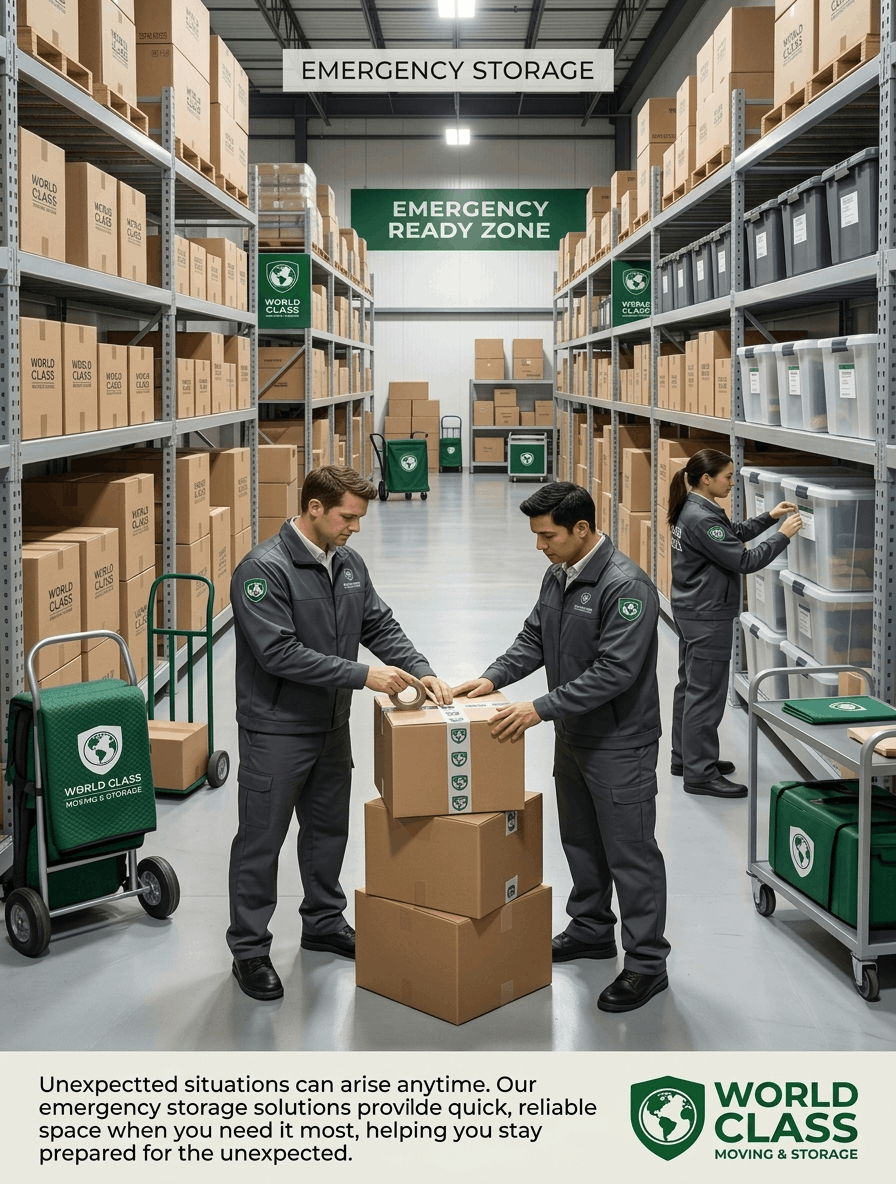 World Class emergency storage team preparing boxed belongings in a warehouse