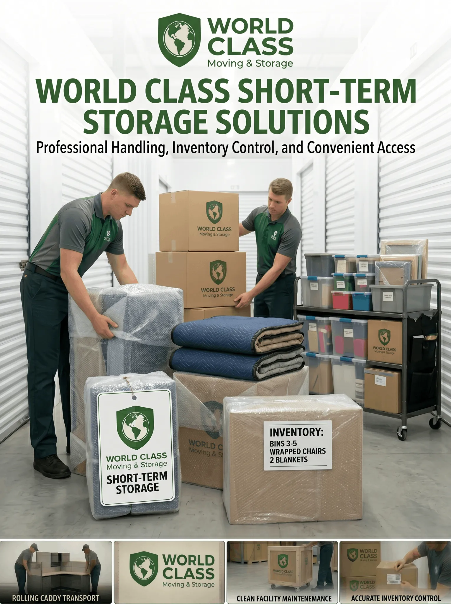Branded World Class short-term storage and professionally wrapped household items