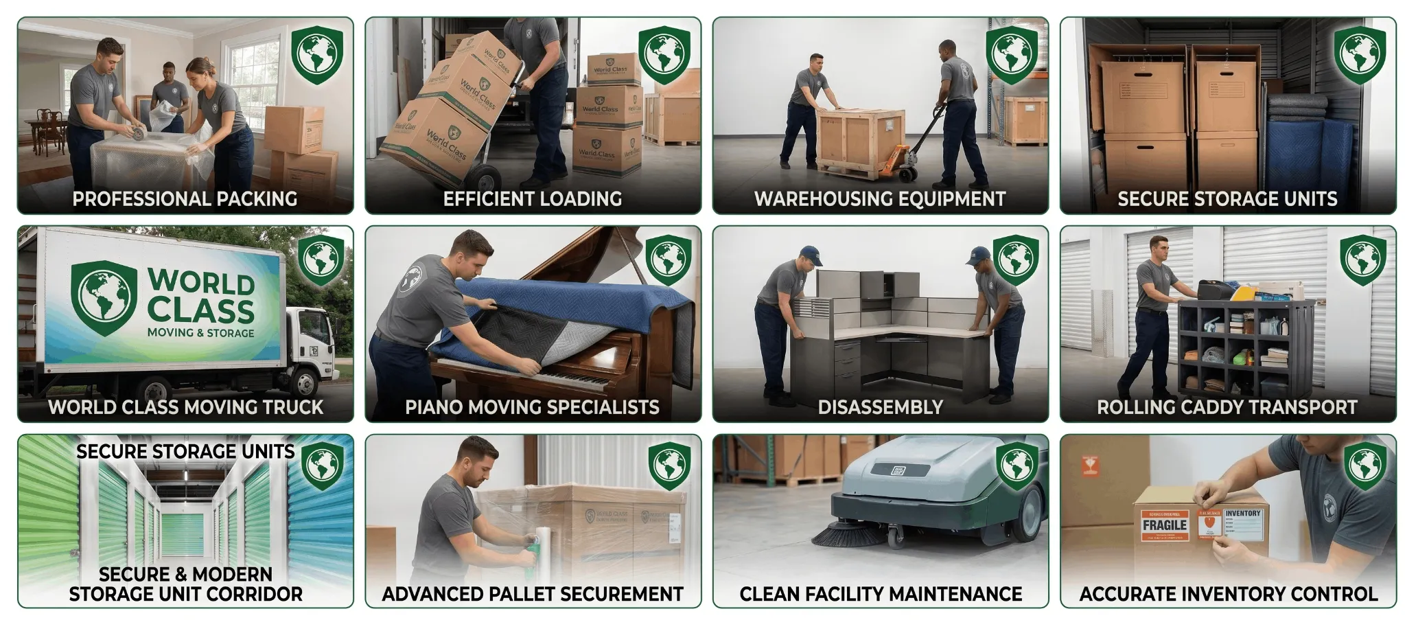 World Class Moving and Storage team at work: packing, loading, warehousing, furniture handling, storage units, cleaning and inventory control