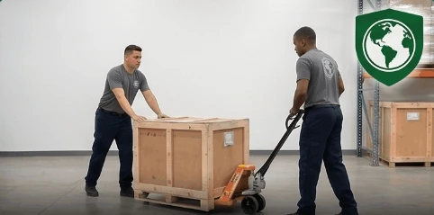 Movers positioning a wooden storage crate